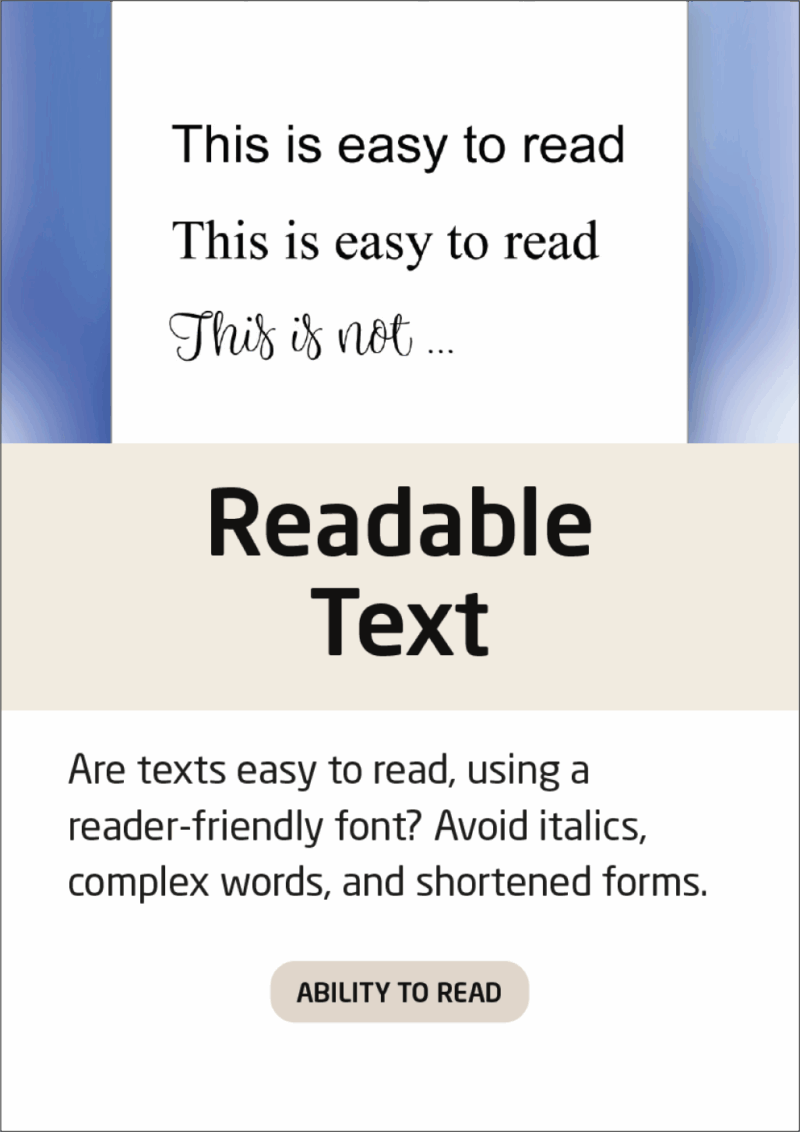 Digital Inclusion Prompt Card providing information on how to improve readability of text.