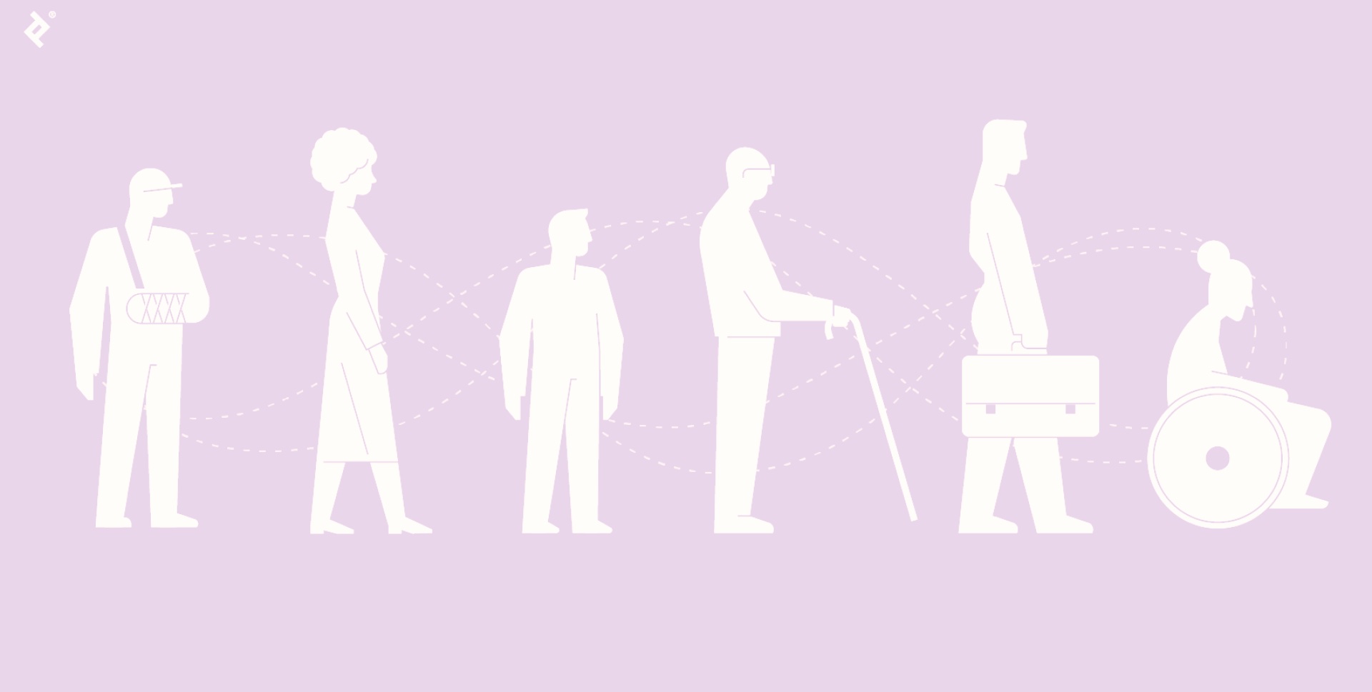 Silhuettes of different people:one with a broken arm, tall and short people, walking with a cane, using a wheelchair.